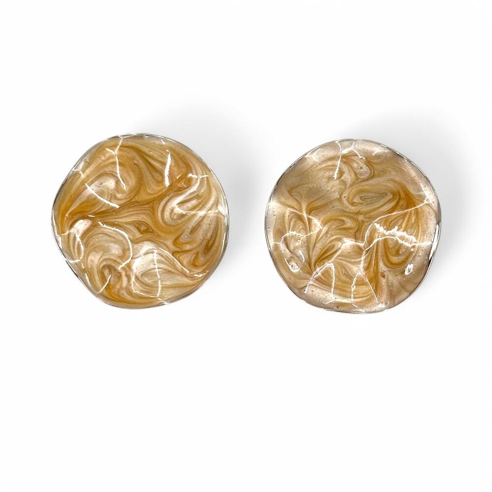 Avon Clip On Earrings Gold Swirled Enamel Wavy Disc Shape Vintage